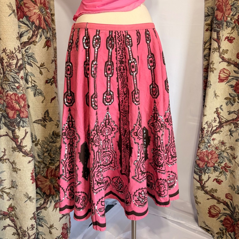 Moda International Pink brown Sequin Tribal Print Midi Skirt with bohemian style